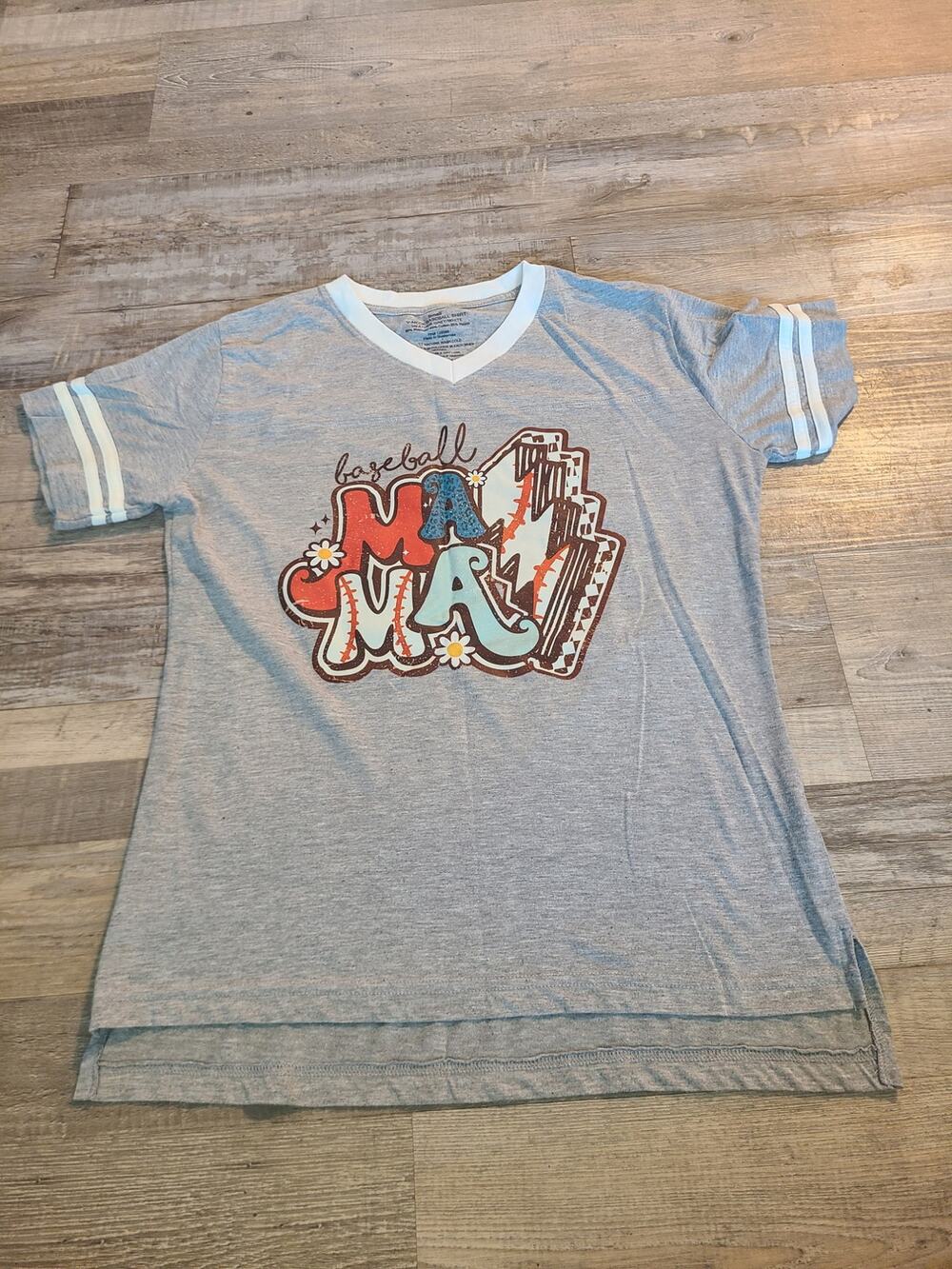 Unknown small women's v neck heather grey/white baseball shirt